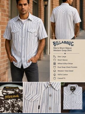Billabong Men’s Large White Blue Stripe Western Snap Shirt